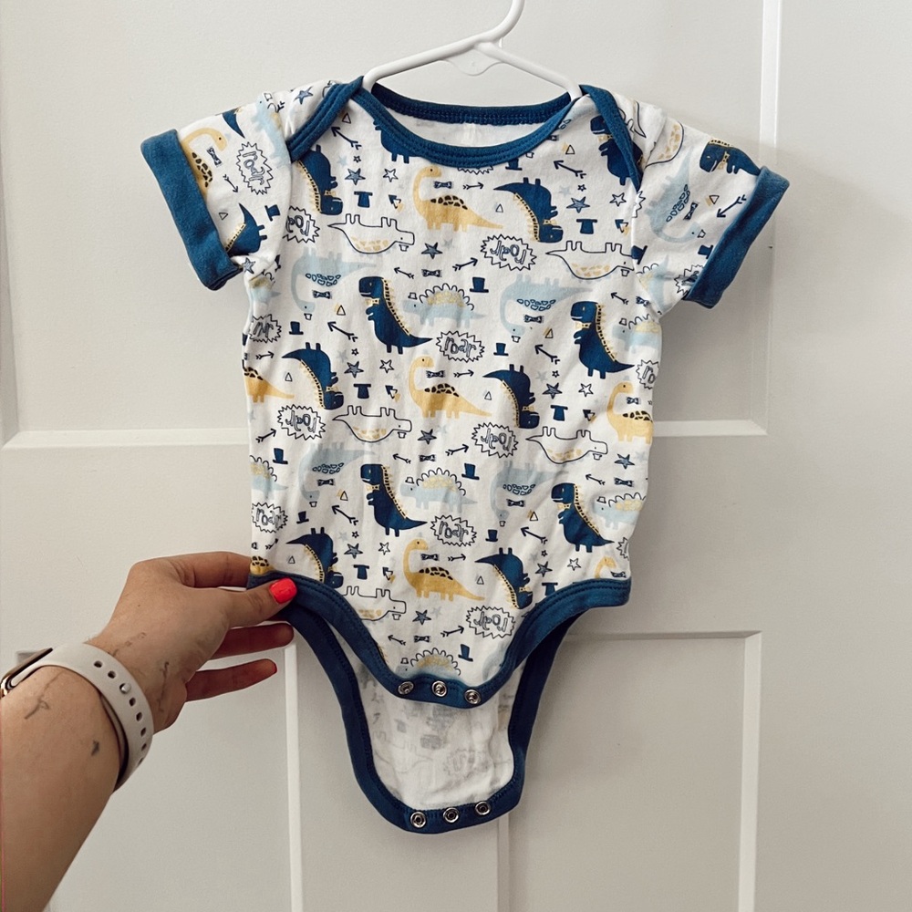 Baby Gear Blue and White Bodysuit with Dinosaur Print